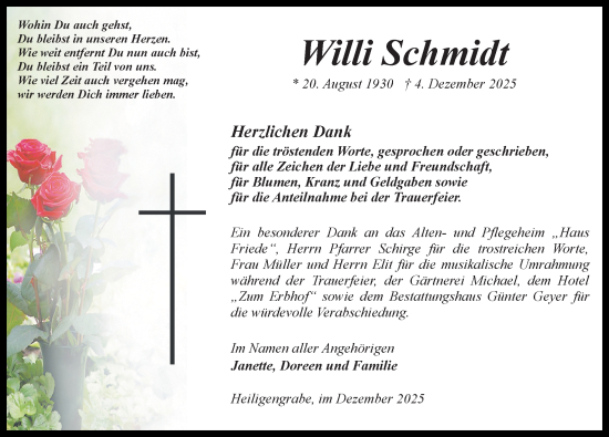 Traueranzeige von Willi Schmidt von Wochenspiegel