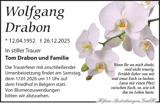 Traueranzeige von Wolfgang Drabon von Torgauer Zeitung