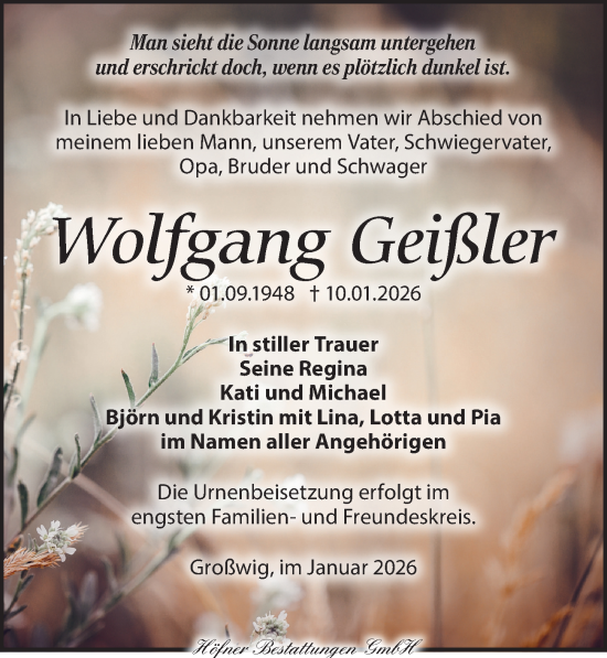 Traueranzeige von Wolfgang Geißler von Torgauer Zeitung