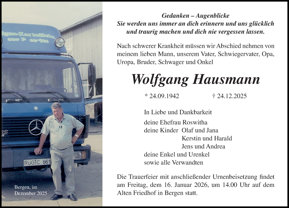  Traueranzeige für Wolfgang Hausmann vom 10.01.2026 aus Ostsee-Zeitung GmbH