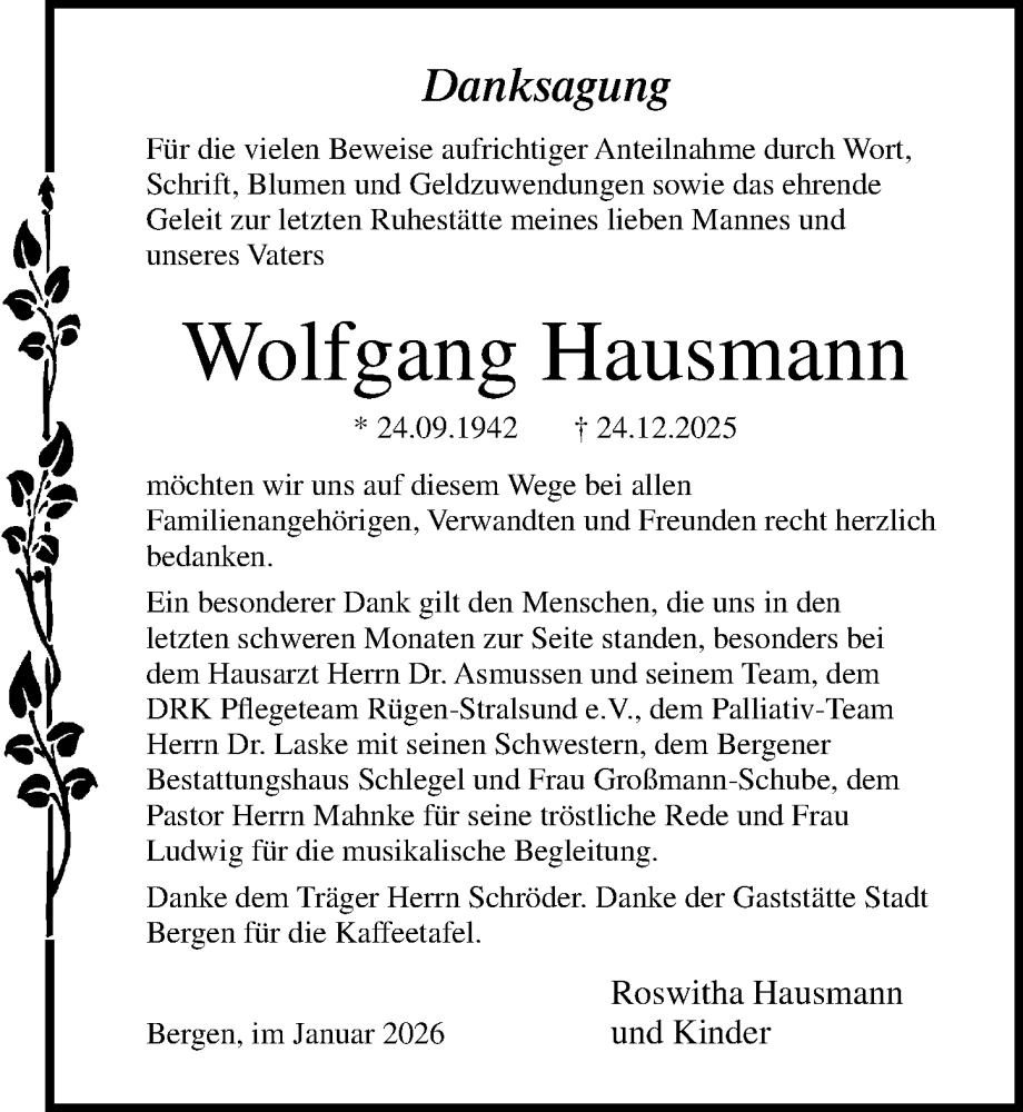  Traueranzeige für Wolfgang Hausmann vom 24.01.2026 aus Ostsee-Zeitung GmbH