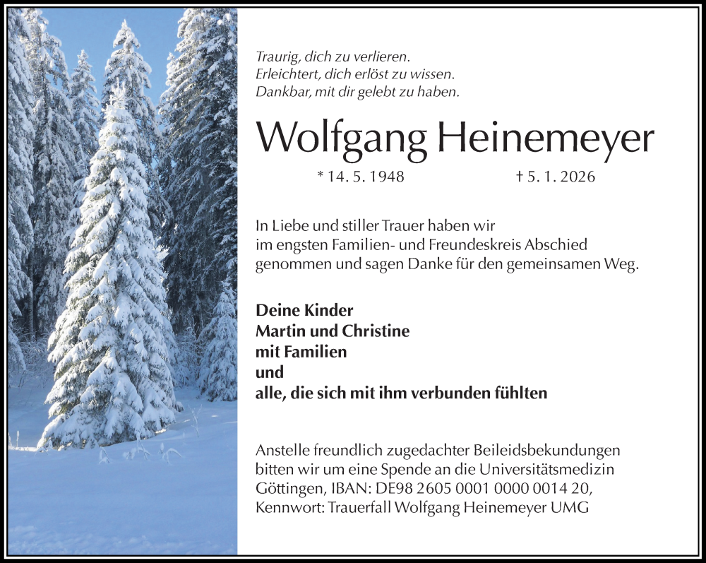  Traueranzeige für Wolfgang Heinemeyer vom 17.01.2026 aus Täglicher Anzeiger Holzminden