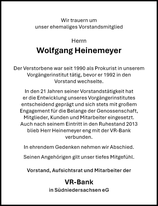 Traueranzeige von Wolfgang Heinemeyer von Göttinger Tageblatt