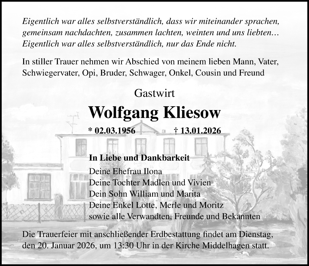  Traueranzeige für Wolfgang Kliesow vom 17.01.2026 aus Ostsee-Zeitung GmbH