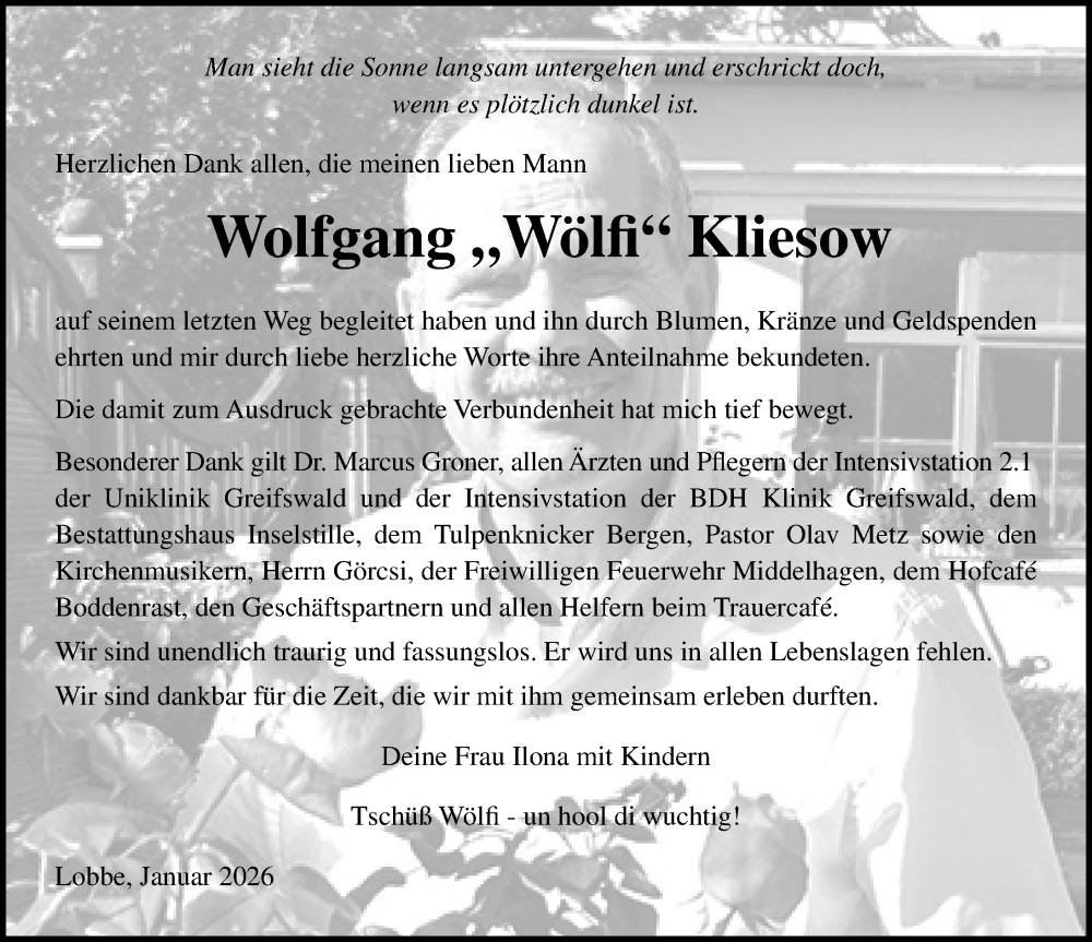  Traueranzeige für Wolfgang Kliesow vom 31.01.2026 aus Ostsee-Zeitung GmbH