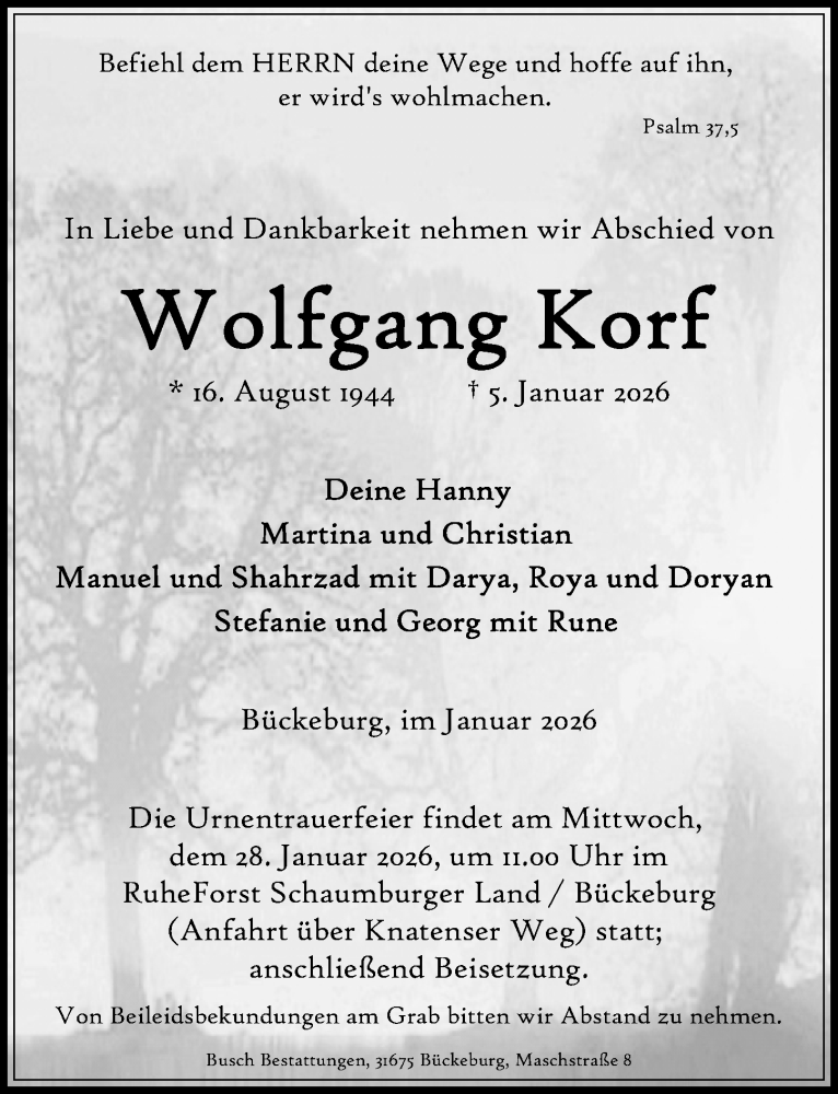  Traueranzeige für Wolfgang Korf vom 24.01.2026 aus Schaumburger Nachrichten