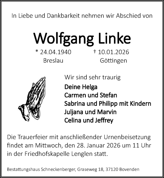 Traueranzeige von Wolfgang Linke von Göttinger Tageblatt