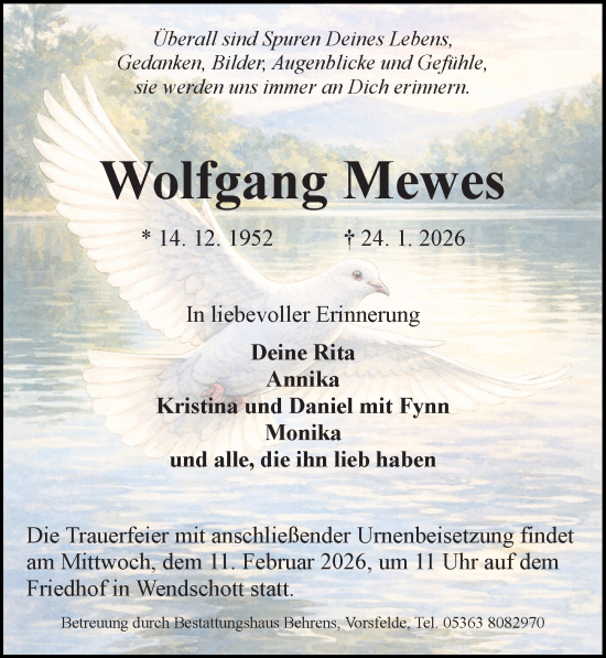 Traueranzeige von Wolfgang Mewes von Aller Zeitung