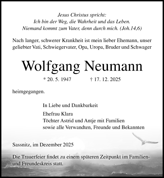 Traueranzeige von Wolfgang Neumann von Ostsee-Zeitung GmbH