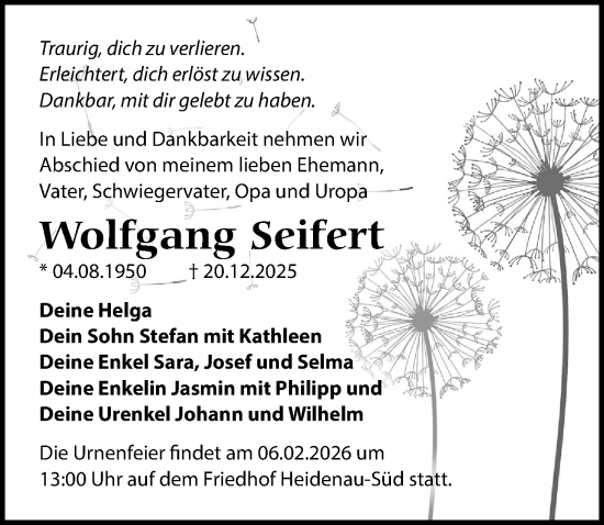 Traueranzeige von Wolfgang Seifert von Sächsische Zeitung