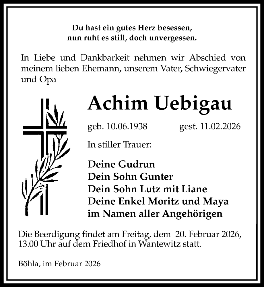  Traueranzeige für Achim Uebigau vom 14.02.2026 aus Sächsische Zeitung