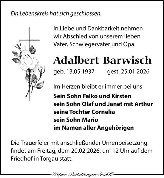 Traueranzeige von Adalbert Barwisch von Torgauer Zeitung