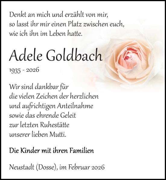 Traueranzeige von Adele Goldbach von Wochenspiegel