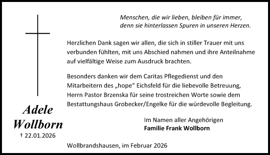 Traueranzeige von Adele Wollborn von Eichsfelder Tageblatt