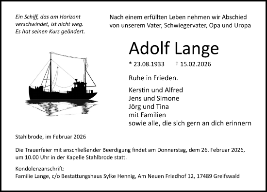 Traueranzeige von Adolf Lange von Ostsee-Zeitung GmbH