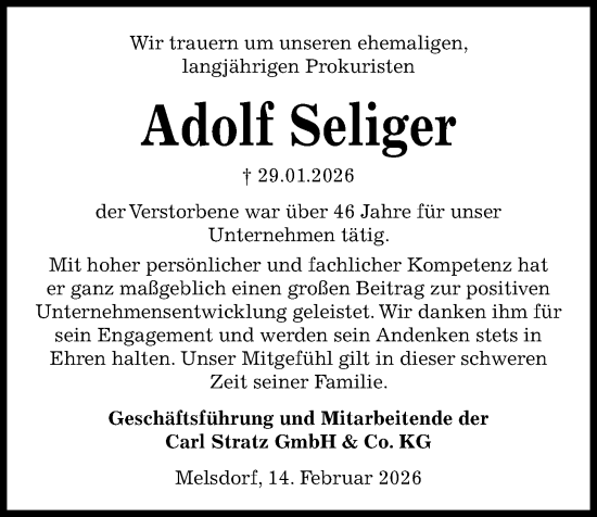 Traueranzeige von Adolf Seliger von Kieler Nachrichten