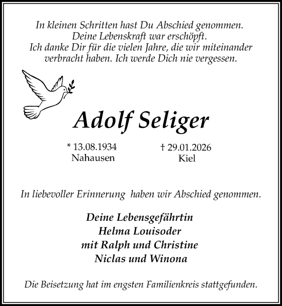 Traueranzeige von Adolf Seliger von Kieler Nachrichten