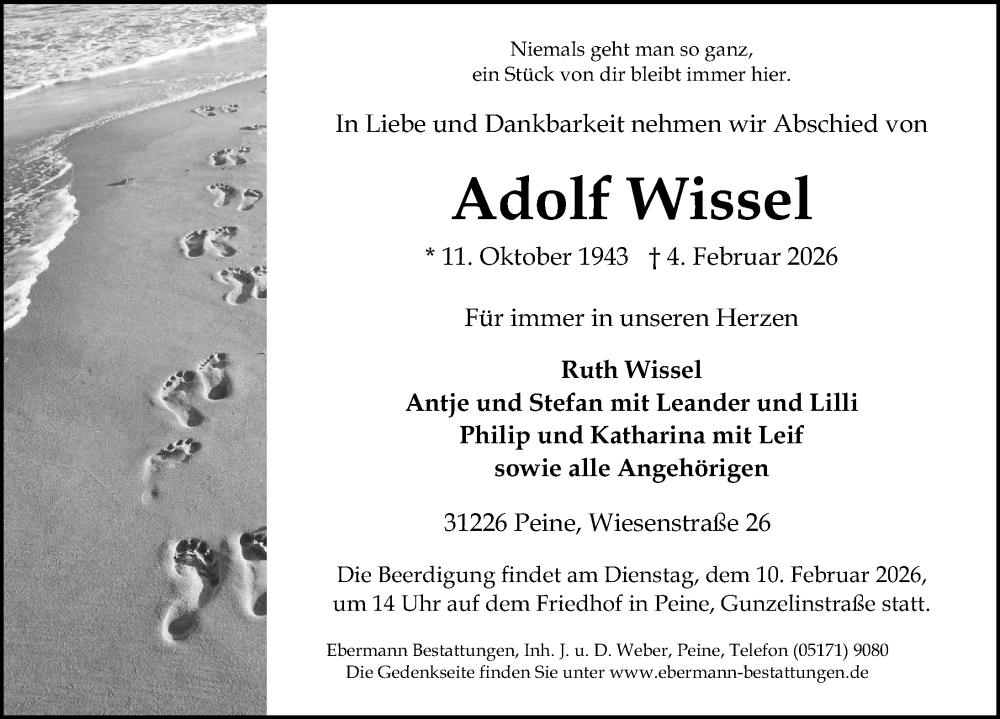  Traueranzeige für Adolf Wissel vom 07.02.2026 aus Peiner Allgemeine Zeitung