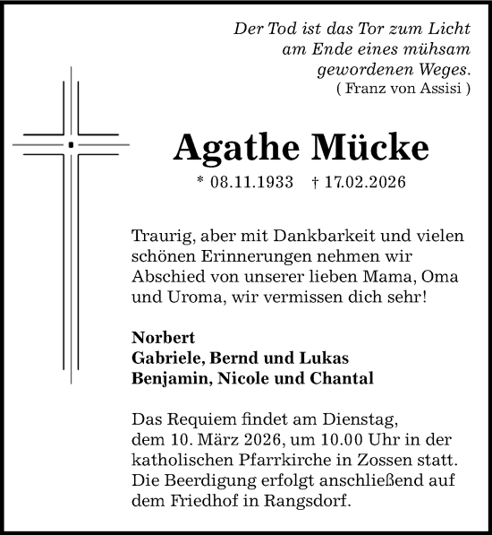Traueranzeige von Agathe Mücke von Märkischen Allgemeine Zeitung