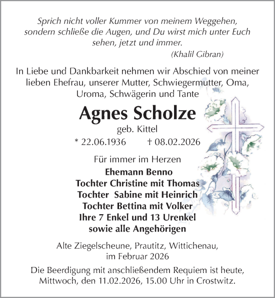 Traueranzeige von Agnes Scholze von Sächsische Zeitung