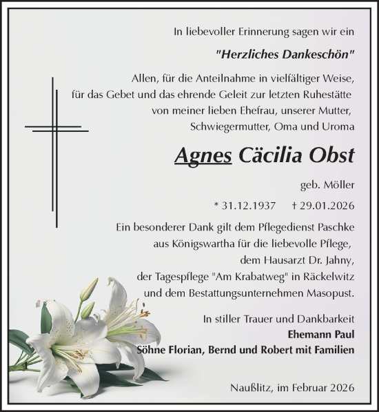 Traueranzeige von Agnes Cäcilia Obst von Sächsische Zeitung