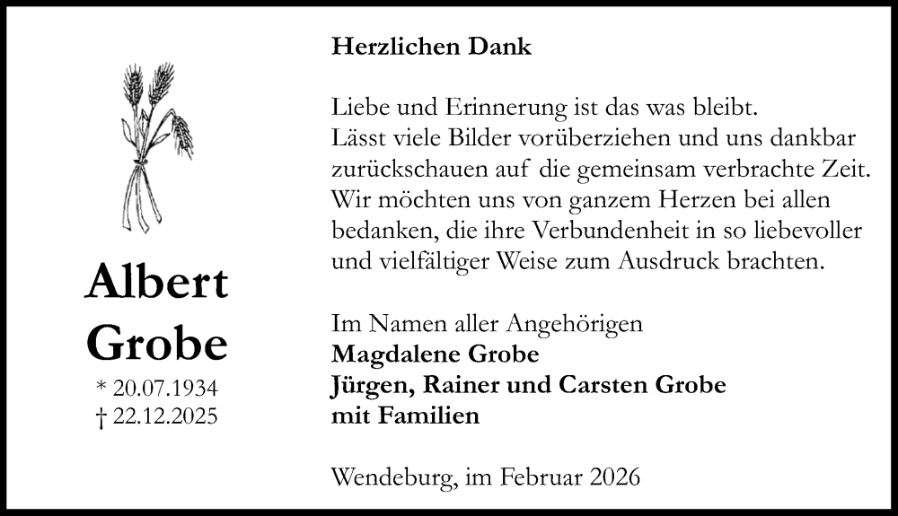  Traueranzeige für Albert Grobe vom 07.02.2026 aus Peiner Allgemeine Zeitung