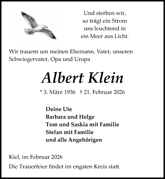 Traueranzeige von Albert Klein von Kieler Nachrichten