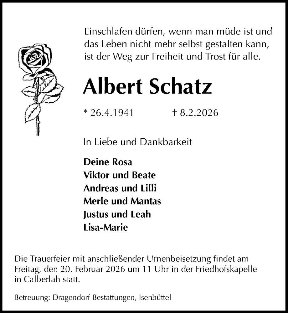  Traueranzeige für Albert Schatz vom 14.02.2026 aus Aller Zeitung