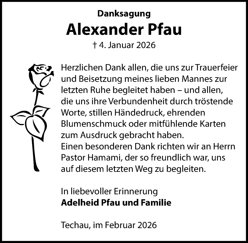  Traueranzeige für Alexander Pfau vom 04.02.2026 aus Lübecker Nachrichten