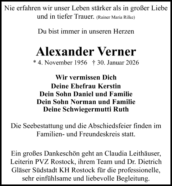 Traueranzeige von Alexander Verner von Ostsee-Zeitung GmbH