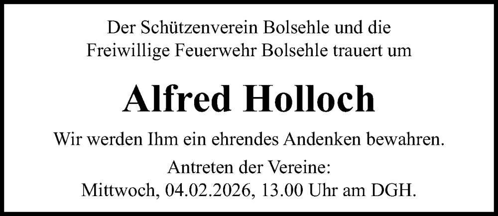  Traueranzeige für Alfred Holloch vom 03.02.2026 aus Die Harke
