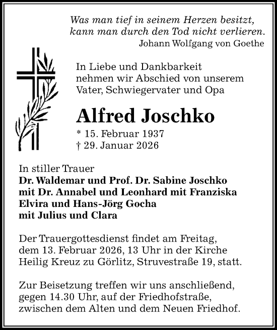 Traueranzeige von Alfred Joschko von Sächsische Zeitung