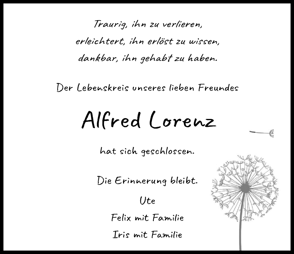  Traueranzeige für Alfred Lorenz vom 14.02.2026 aus Kieler Nachrichten