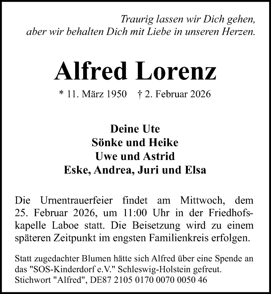  Traueranzeige für Alfred Lorenz vom 14.02.2026 aus Kieler Nachrichten