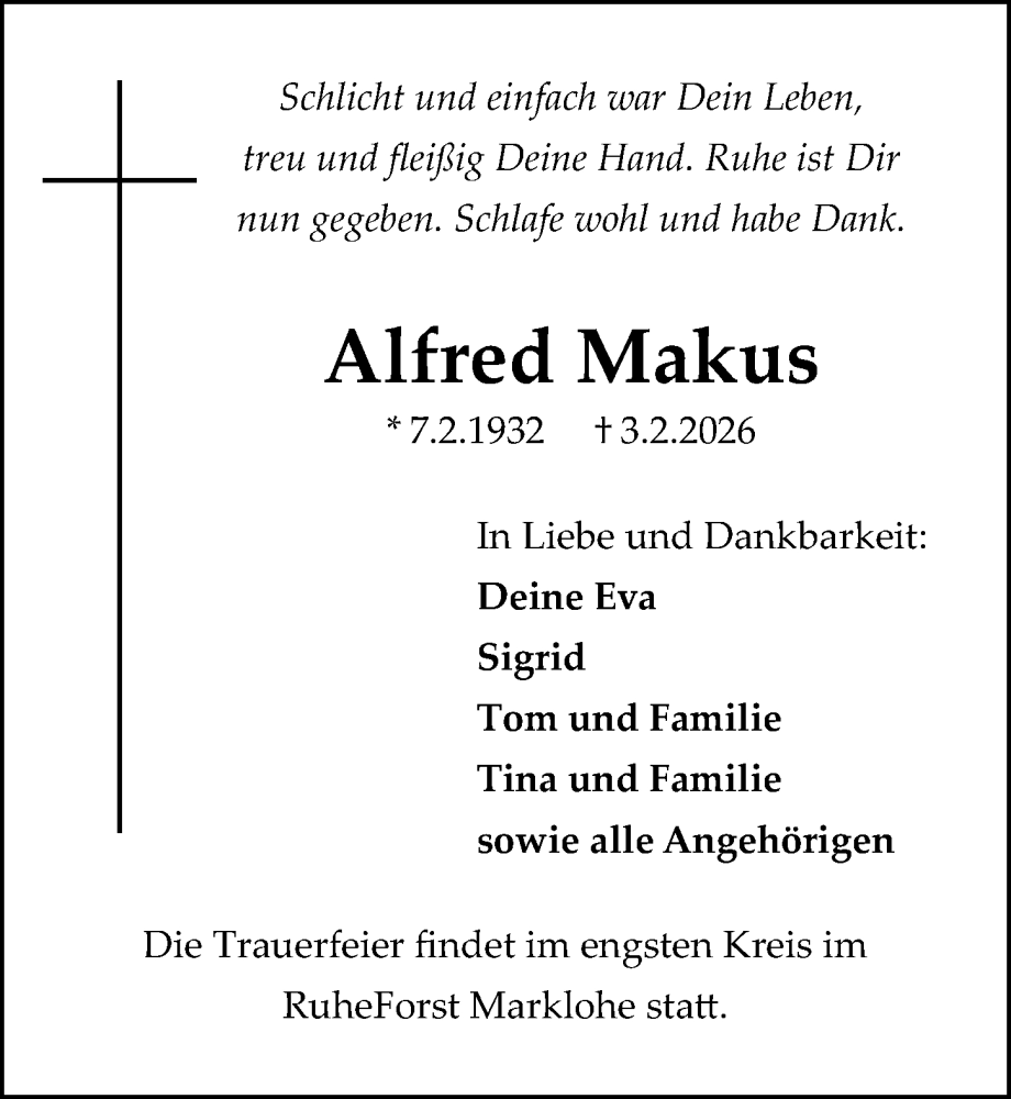  Traueranzeige für Alfred Makus vom 07.02.2026 aus Die Harke