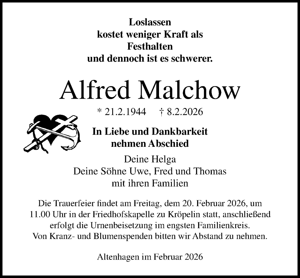  Traueranzeige für Alfred Malchow vom 14.02.2026 aus Ostsee-Zeitung GmbH