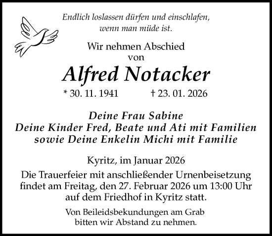 Traueranzeige von Alfred Notacker von Wochenspiegel