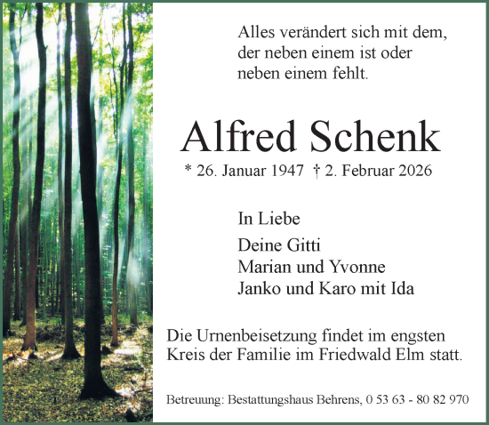 Traueranzeige von Alfred Schenk von Aller Zeitung