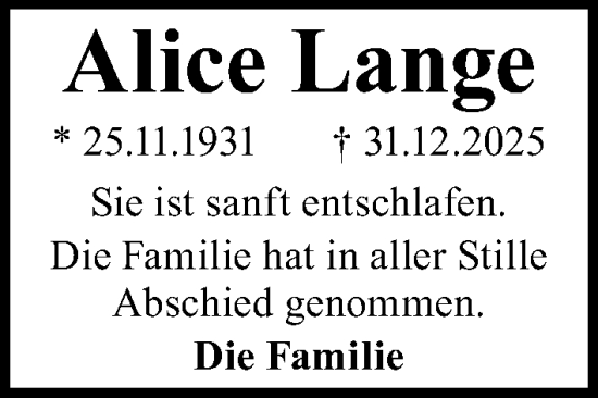 Traueranzeige von Alice Lange von Lübecker Nachrichten