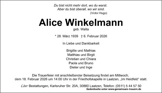Traueranzeige von Alice Winkelmann von Hannoversche Allgemeine Zeitung/Neue Presse