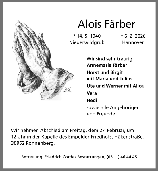 Traueranzeige von Alois Färber von Hannoversche Allgemeine Zeitung/Neue Presse