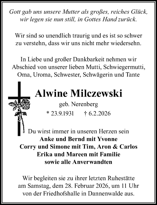 Traueranzeige von Alwine Milczewski von Wochenspiegel
