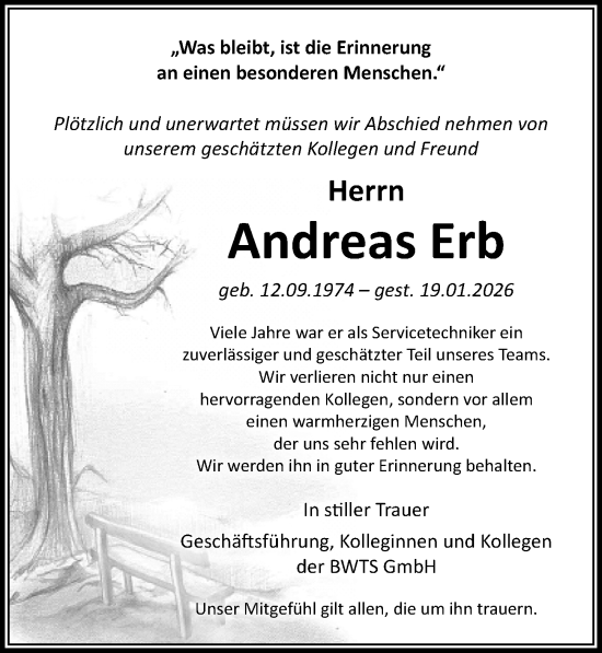 Traueranzeige von Andreas Erb von Ostsee-Zeitung GmbH