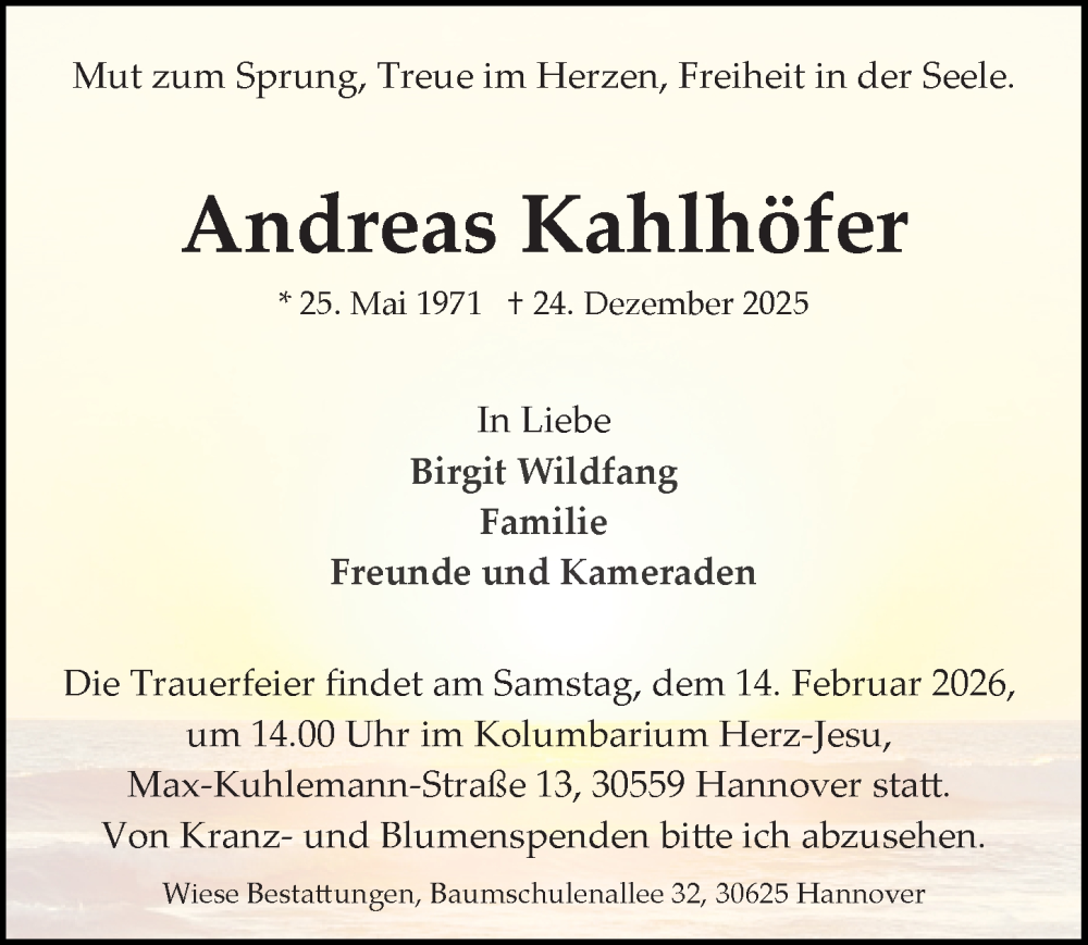  Traueranzeige für Andreas Kahlhöfer vom 07.02.2026 aus Hannoversche Allgemeine Zeitung/Neue Presse