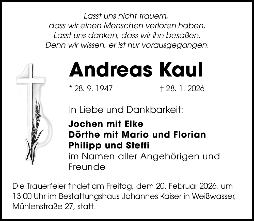  Traueranzeige für Andreas Kaul vom 14.02.2026 aus Sächsische Zeitung