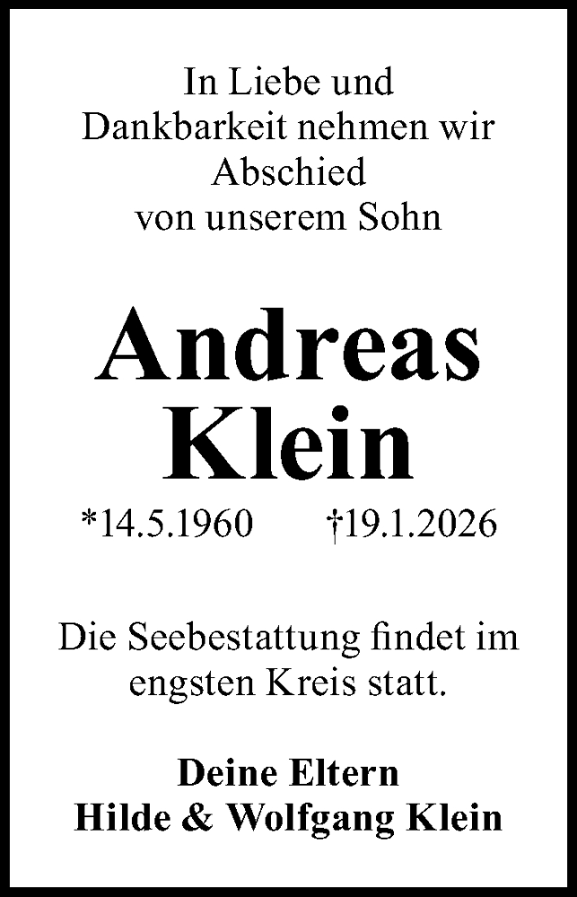  Traueranzeige für Andreas Klein vom 08.02.2026 aus Lübecker Nachrichten