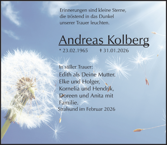 Traueranzeige von Andreas Kolberg von Ostsee-Zeitung GmbH