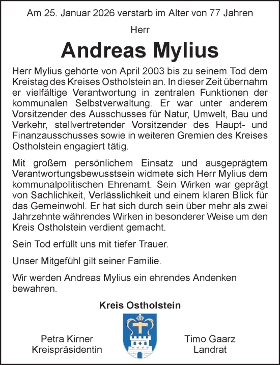 Traueranzeige von Andreas Mylius von Lübecker Nachrichten