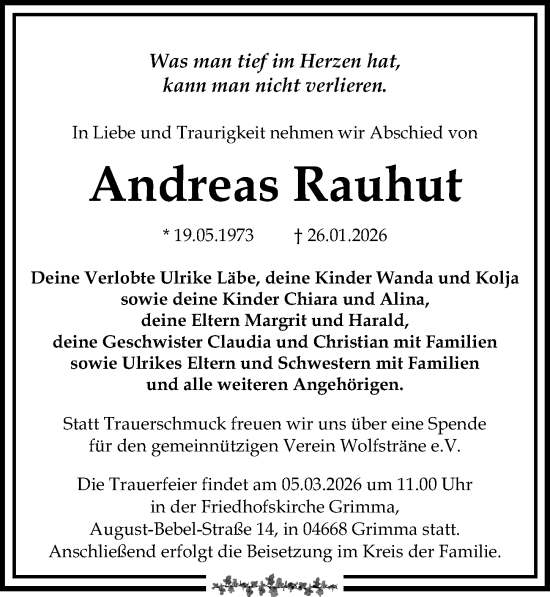 Traueranzeige von Andreas Rauhut von Leipziger Volkszeitung