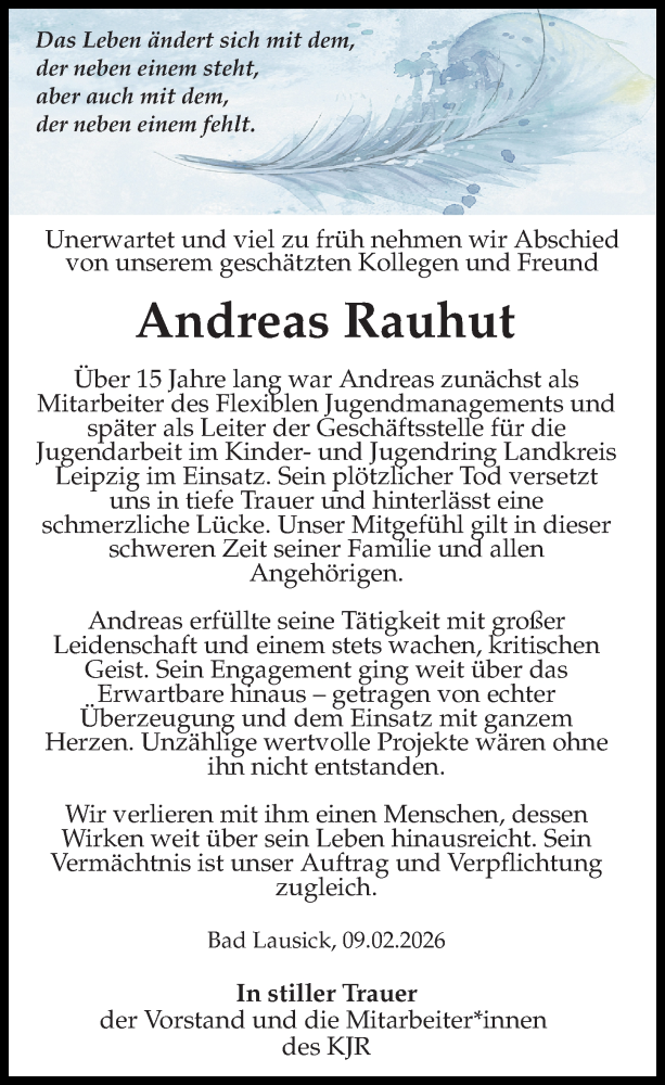  Traueranzeige für Andreas Rauhut vom 14.02.2026 aus Leipziger Volkszeitung